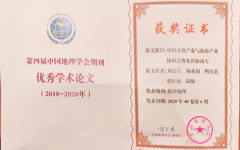 研究院发表论文获第四届中国地理期刋优秀学术论文奖